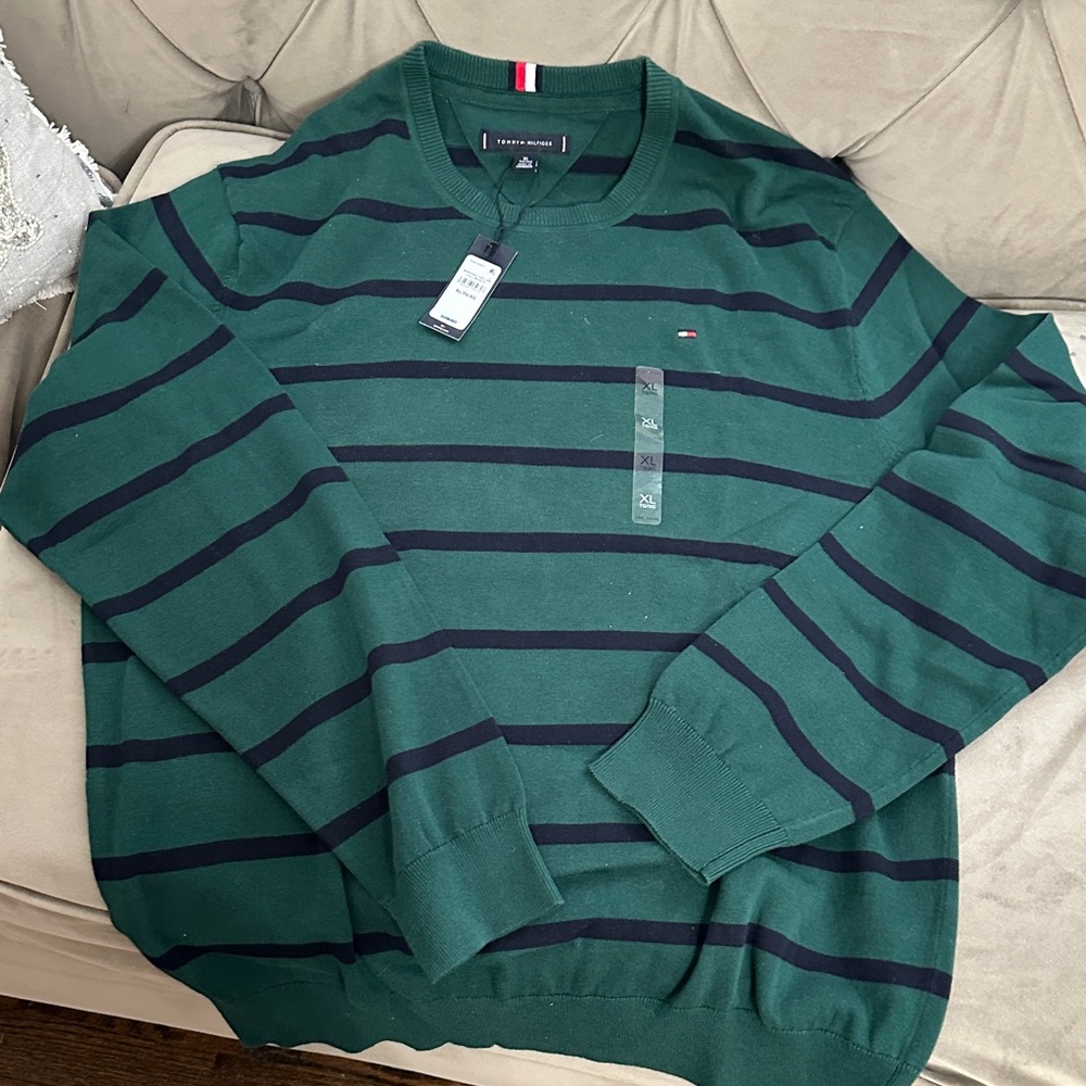 Tommy Hilfiger Men’s Green with Navy Stripe Crewneck Sweater